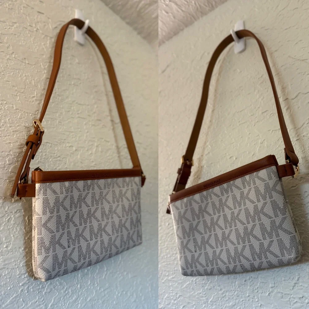 Michael‎ Kors MK Signature Logo Crossbody Bag White Brown Leather Trim 8x5 Small